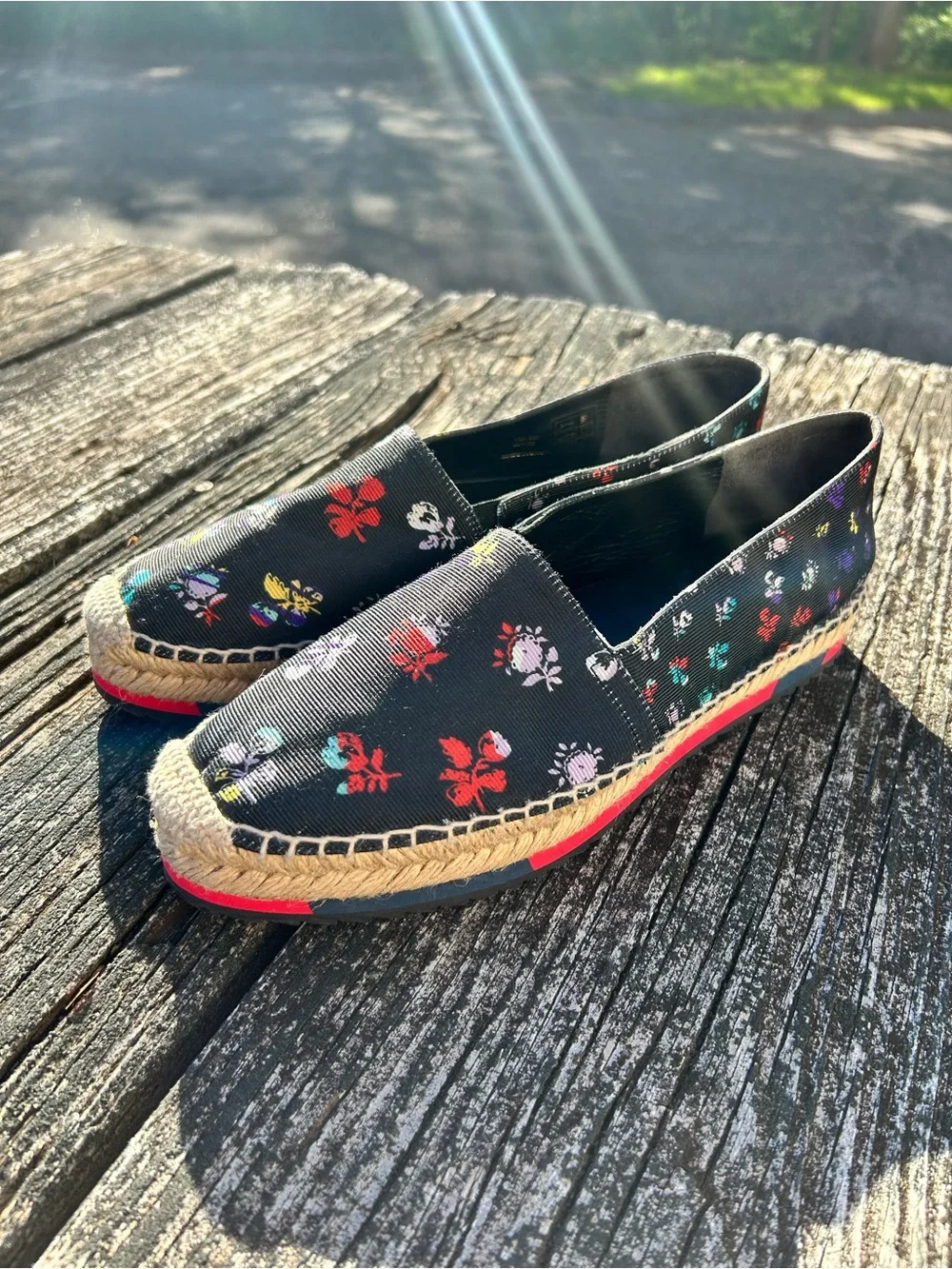 Diane Von Furstenberg Black Canvas Floral Loafers Espadrilles Platforms